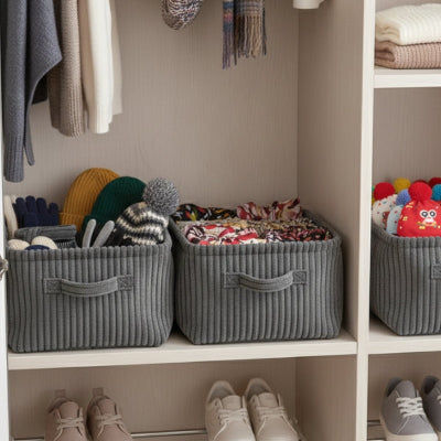 bonnets gants foulards pliés dans panier rangement velours gris