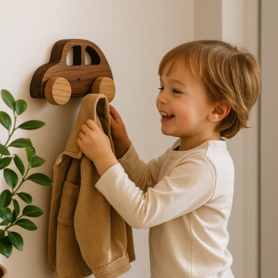 enfant accroche veste sur patere forme voiture