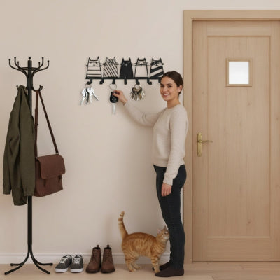 femme souriante accroche clés porte clé mural chats entrée maison