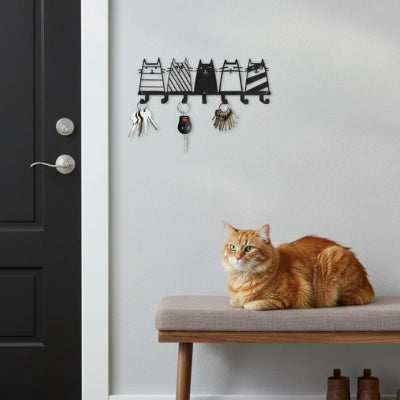 chat roux entrée maison porte clé mural chats noirs métal