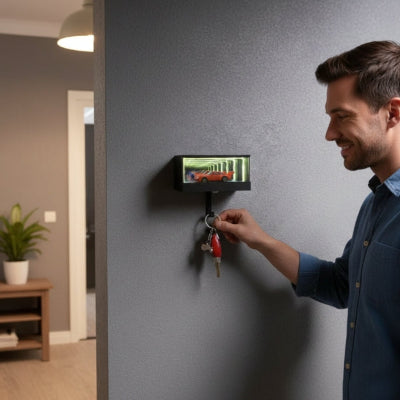 homme souriant accroche clés sur porte-clé mural décoratif