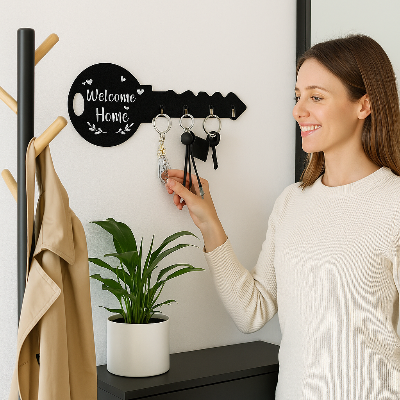 femme prend trousseau sur porte clé mural forme clé noir 
