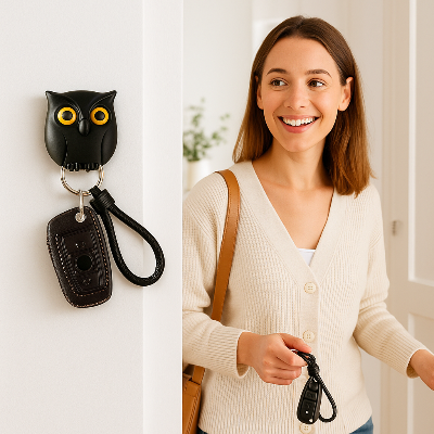femme souriante regarde porte clé mural hibou 