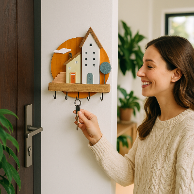 femme souriante prend trousseau clés sur porte cle mural maison