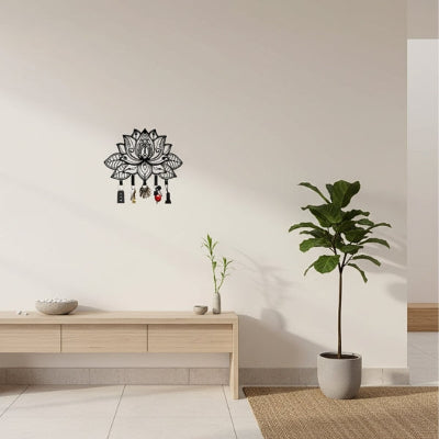 commode bois zen porte clef lotus noir metal plante verte