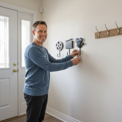 homme souriant suspend trousseau clés porte clés mural cinéma