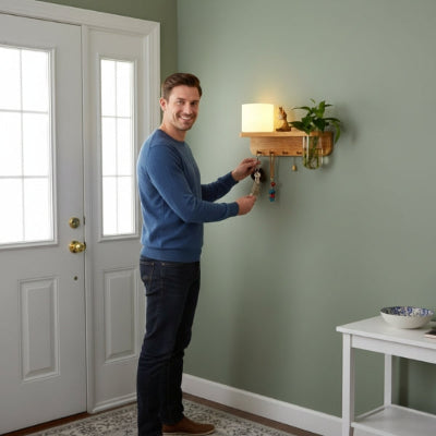 homme souriant suspend clés porte clés mural lumineux vase plante