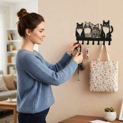 femme souriante accroche clés sur porte clés mural métal chats 
