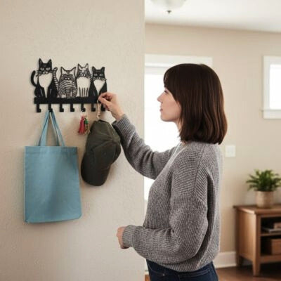 femme accroche casquette sur porte clés mural métal chats 