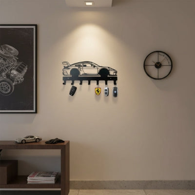 porte clés mural forme voiture course noire mur beige horloge