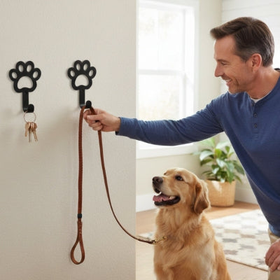 homme souriant accroche laisse sur porte clés muraux empreinte chien