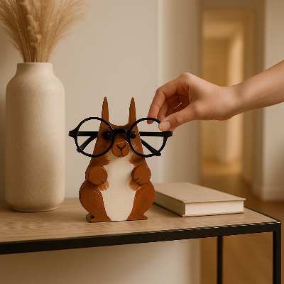 main qui prend paire lunettes sur porte lunette forme écureuil