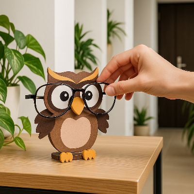 main qui prend lunettes sur porte lunette bois forme hibou