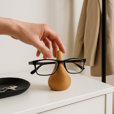 main qui prend des lunettes sur porte lunette bois minimaliste