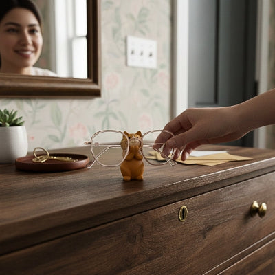femme souriante prends lunettes sur porte lunette chat mignon
