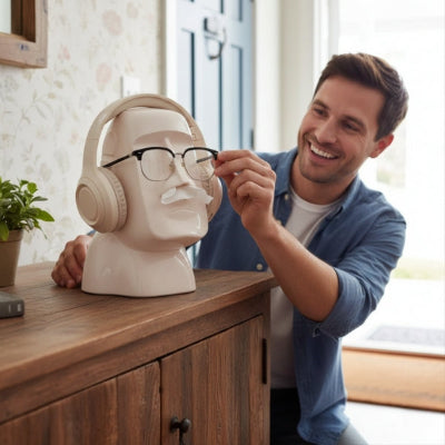 homme souriant prend lunettes porte lunettes original statue visage humain