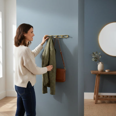 femme souriante accroche veste verte porte manteau doré mur bleu