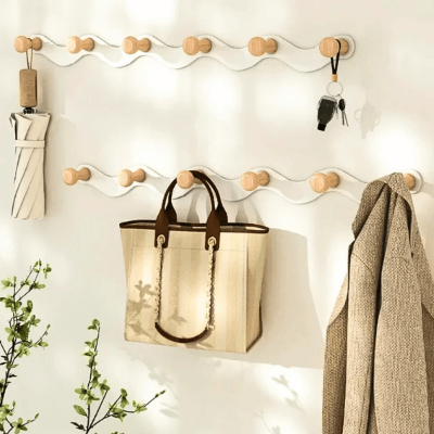 porte manteau mural bois vague parapluie sac veste suspendus