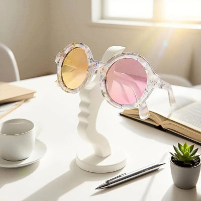 presentoir lunettes profil visage blanc tasse stylo livre