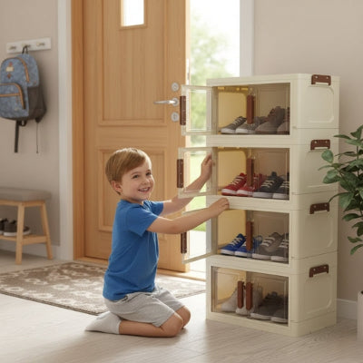 enfant souriant ouvre porte rangement chaussures boite entrée maison