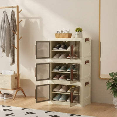 rangement chaussures boite trois étages portes ouvertes porte manteau plante 
