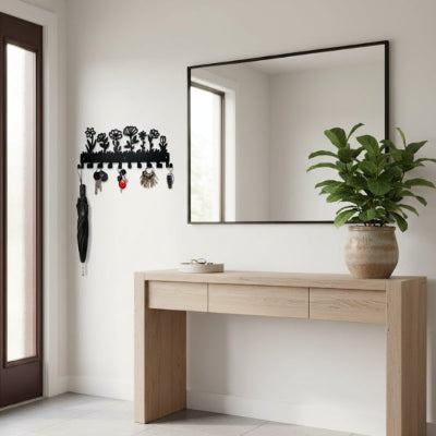 entrée maison console bois plante verte rangement clés fleurs métal