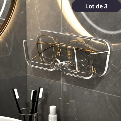 support transparent pour lunettes contre mur carrelage gris