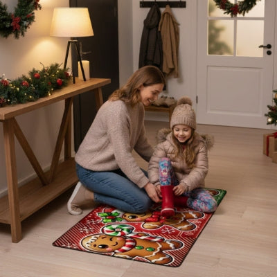 maman fille enlève chaussures tapis d'entrée bonhomme pain épices