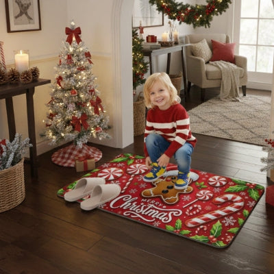 enfant souriant enlève chaussures tapis d'entrée bonhomme pain épices