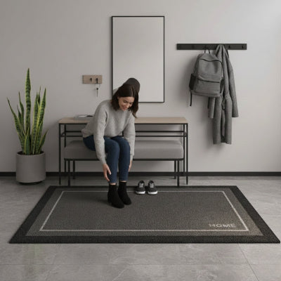 femme souriante enlève chaussures tapis d'entrée absorbant gris home
