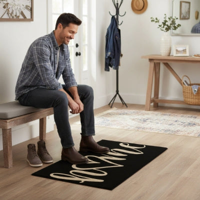 homme souriant assis dans entrée maison met chaussures
