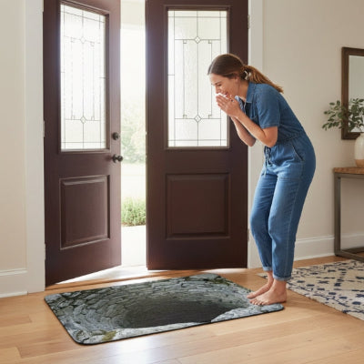 femme rigole devant tapis d'entrée intérieur illusion 3D trou puits réaliste