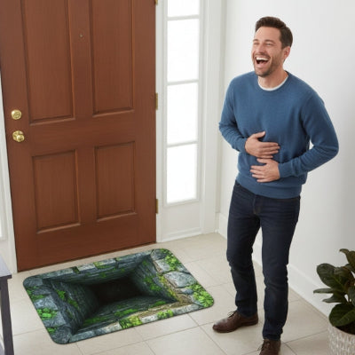 homme rigole devant tapis d'entrée intérieur illusion 3D trou puits réaliste