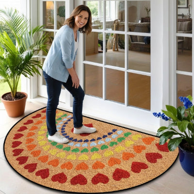 femme souriante tapis d'entrée intérieur original cœurs arc en ciel colorés