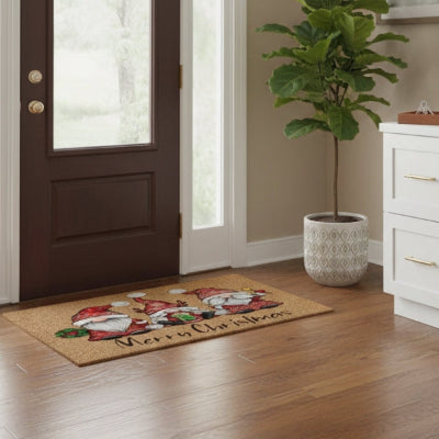 tapis d'entrée lutins noël porte marron plante verte