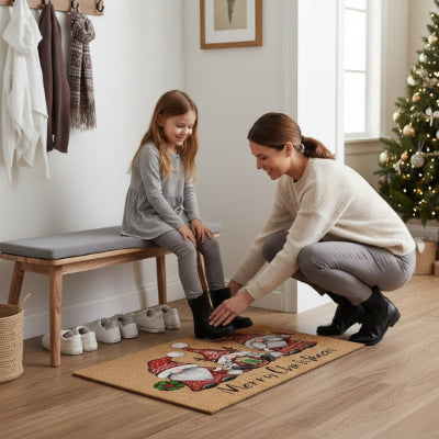 femme souriante enfile chaussures petite fille entrée déco noël