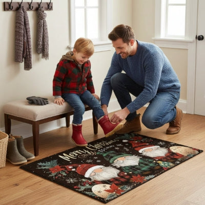 homme souriant enfile chaussures garçon tapis d'entrée lutins