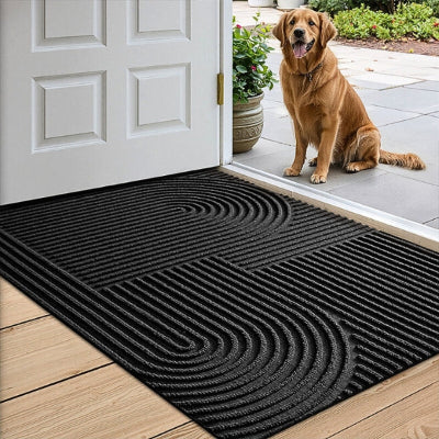 chien devant tapis d'entrée absorbant noir rainuré forme arche