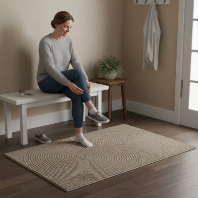 femme souriante assise banc enfile chaussures entrée maison