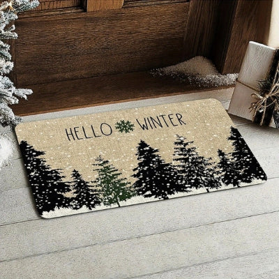 tapis d'entrée sapins enneigés porte bois
