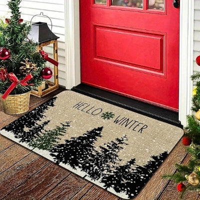 tapis d'entrée sapins enneigées porte rouge