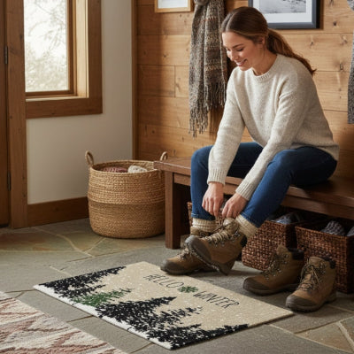 femme souriante met chaussures entrée maison tapis sapins
