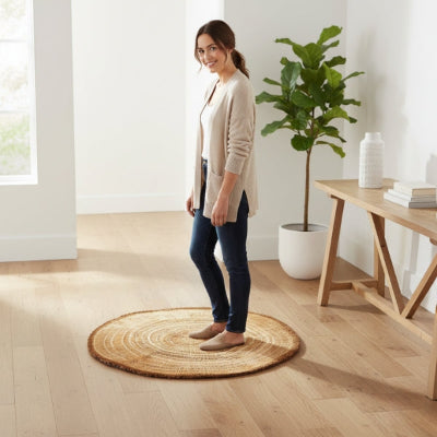 femme souriante sur tapis d'entrée intérieur original tronc arbre coupé
