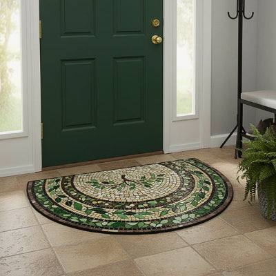 tapis entrée mosaïque marron feuilles porte verte