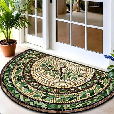 tapis entrée mosaïque marron feuilles porte blanche plante verte