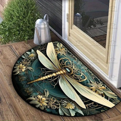 tapis entrée libellule devant porte bois sol bois