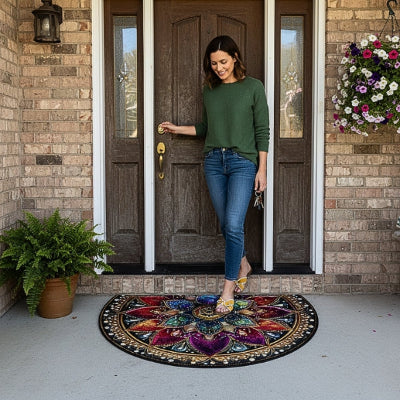 femme souriante devant porte entrée marche tapis entrée mandala