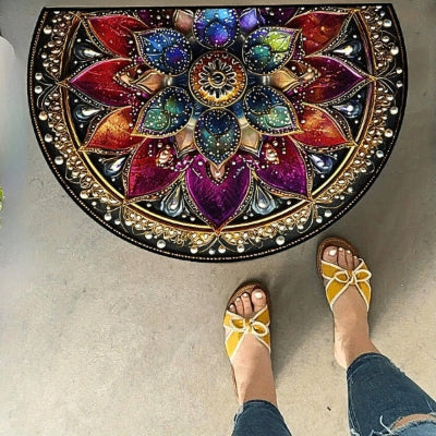 pieds sandales jaunes devant tapis entrée mandala esthétique