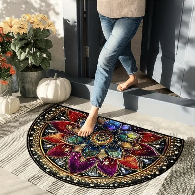 pieds nus tapis entrée mandala porte grise