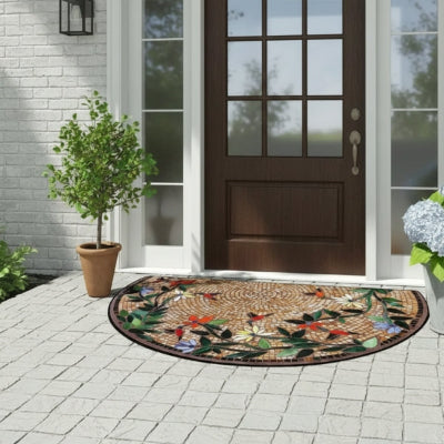 tapis entrée mosaïque fleurs colibris porte  bois